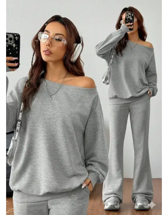 Kadın Uzun Kollu Tek Omuzdan Açık Iki Iplik Bluz Ve Pantolon Ikili Takım