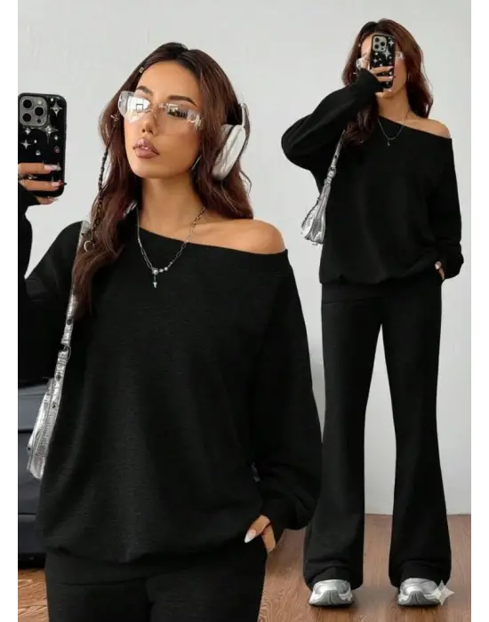 Kadın Uzun Kollu Tek Omuzdan Açık Iki Iplik Bluz Ve Pantolon Ikili Takım
