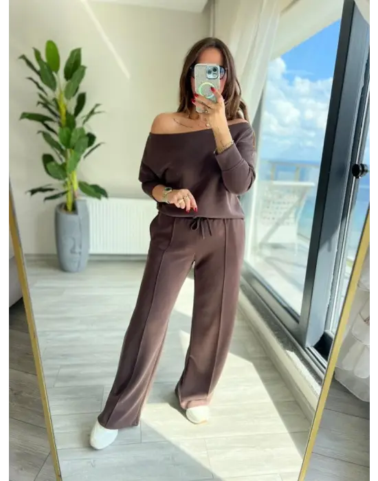 Kadın Uzun Kollu Tek Omuzdan Açık Modal Bluz Ve Pantolon Ikili Takım