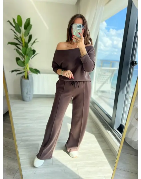 Kadın Uzun Kollu Tek Omuzdan Açık Modal Bluz Ve Pantolon Ikili Takım