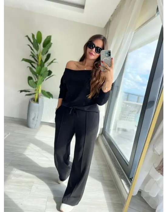 Kadın Uzun Kollu Tek Omuzdan Açık Modal Bluz Ve Pantolon Ikili Takım
