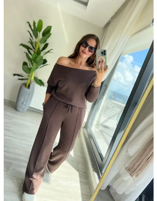 Kadın Uzun Kollu Tek Omuzdan Açık Modal Bluz Ve Pantolon Ikili Takım