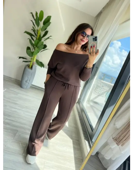 Kadın Uzun Kollu Tek Omuzdan Açık Modal Bluz Ve Pantolon Ikili Takım