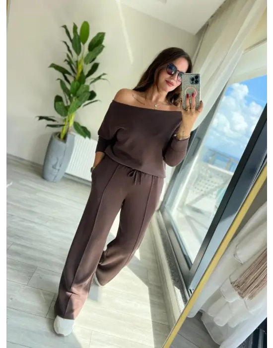 Kadın Uzun Kollu Tek Omuzdan Açık Modal Bluz Ve Pantolon Ikili Takım
