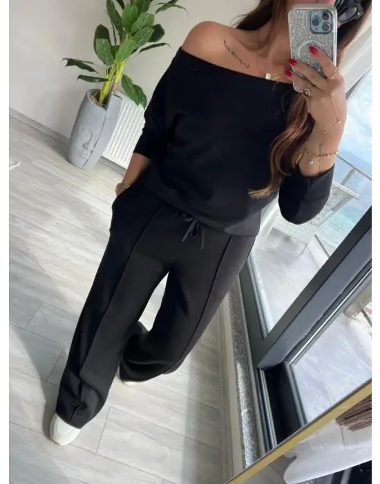Kadın Uzun Kollu Tek Omuzdan Açık Modal Bluz Ve Pantolon Ikili Takım