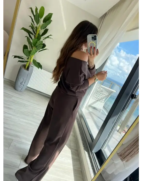 Kadın Uzun Kollu Tek Omuzdan Açık Modal Bluz Ve Pantolon Ikili Takım