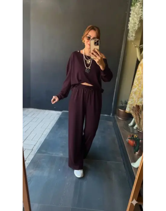 Kadın Uzun Kollu Tek Omuzdan Açık Viskon Iki Iplik Bluz Ve Pantolon Ikili Takım