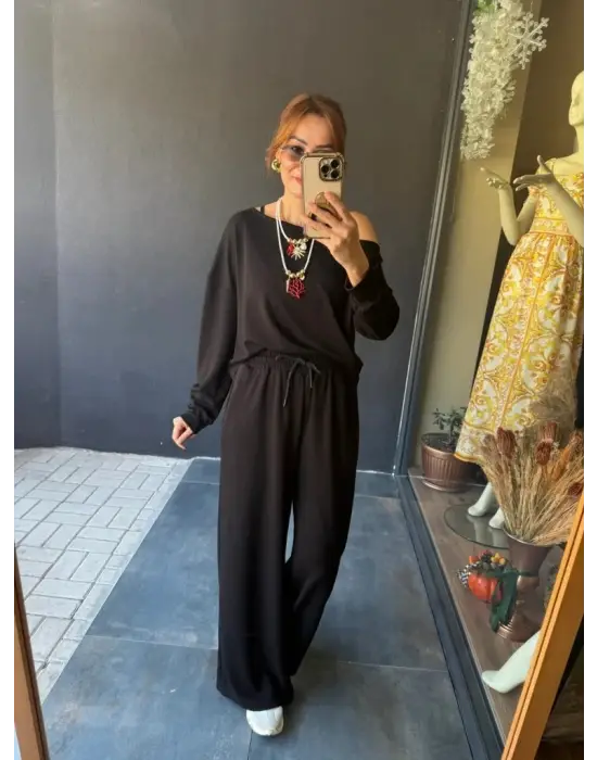 Kadın Uzun Kollu Tek Omuzdan Açık Viskon Iki Iplik Bluz Ve Pantolon Ikili Takım