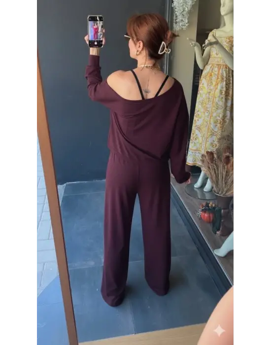 Kadın Uzun Kollu Tek Omuzdan Açık Viskon Iki Iplik Bluz Ve Pantolon Ikili Takım