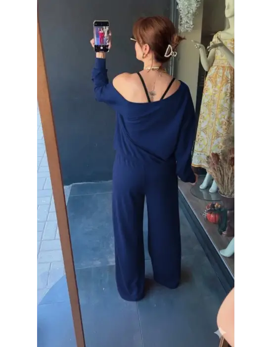 Kadın Uzun Kollu Tek Omuzdan Açık Viskon Iki Iplik Bluz Ve Pantolon Ikili Takım