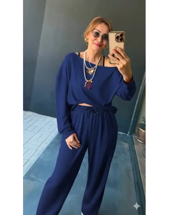 Kadın Uzun Kollu Tek Omuzdan Açık Viskon Iki Iplik Bluz Ve Pantolon Ikili Takım