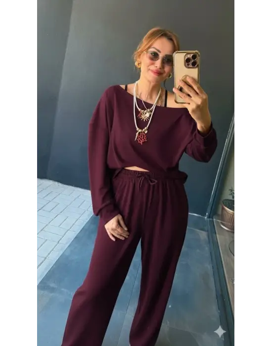 Kadın Uzun Kollu Tek Omuzdan Açık Viskon Iki Iplik Bluz Ve Pantolon Ikili Takım