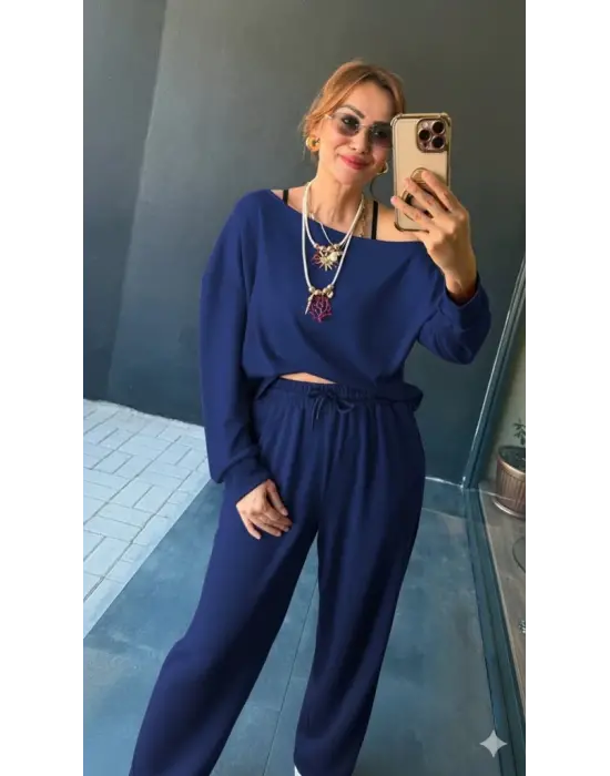 Kadın Uzun Kollu Tek Omuzdan Açık Viskon Iki Iplik Bluz Ve Pantolon Ikili Takım