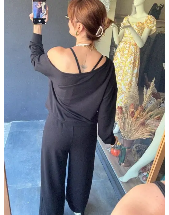 Kadın Uzun Kollu Tek Omuzdan Açık Viskon Iki Iplik Bluz Ve Pantolon Ikili Takım