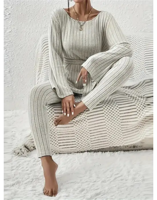 Kadın Uzun Kollu Tek Omuzu Açık Belden Kuşaklı şardonlu Kaşkorse Bluz Ve Tayt Pantolon