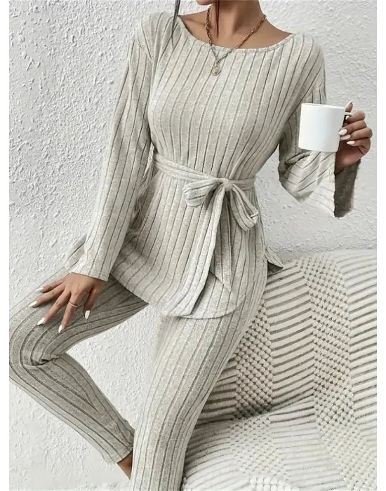 Kadın Uzun Kollu Tek Omuzu Açık Belden Kuşaklı şardonlu Kaşkorse Bluz Ve Tayt Pantolon