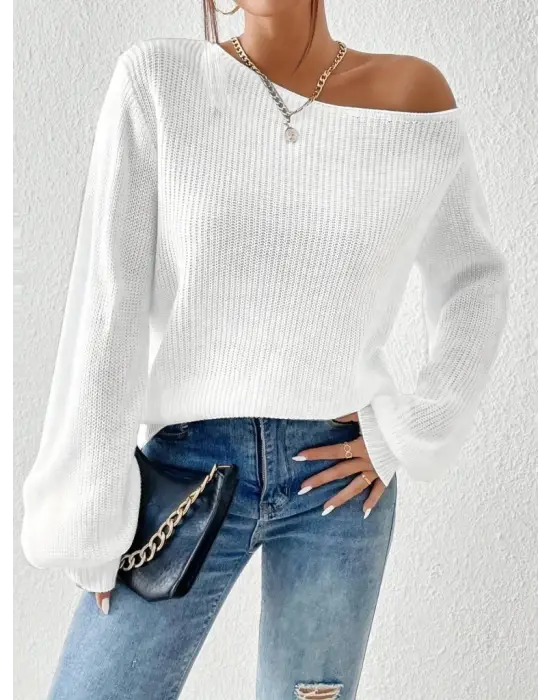 Kadın Uzun Kollu Tek Omuzu Açık Detaylı Triko Bluz