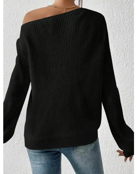 Kadın Uzun Kollu Tek Omuzu Açık Detaylı Triko Bluz
