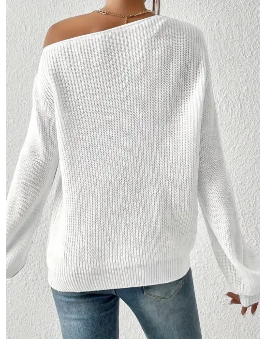 Kadın Uzun Kollu Tek Omuzu Açık Detaylı Triko Bluz