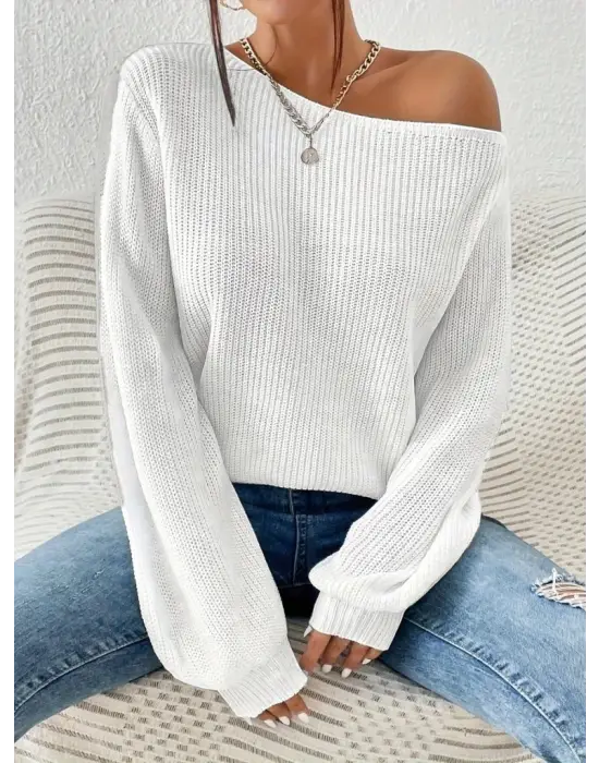 Kadın Uzun Kollu Tek Omuzu Açık Detaylı Triko Bluz