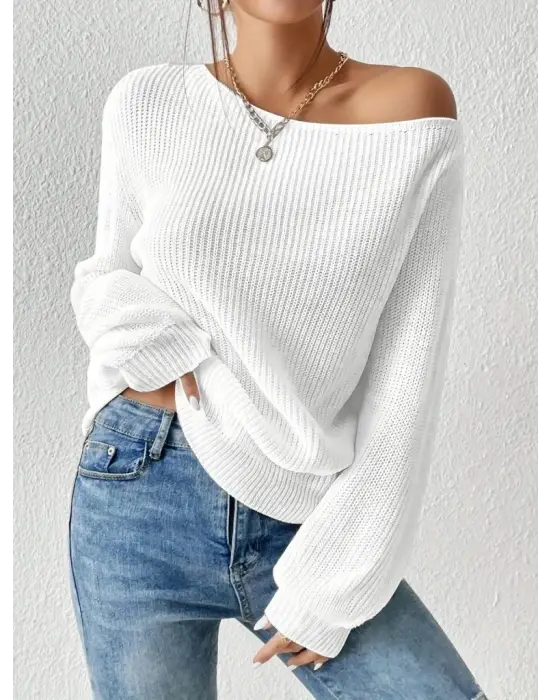 Kadın Uzun Kollu Tek Omuzu Açık Detaylı Triko Bluz