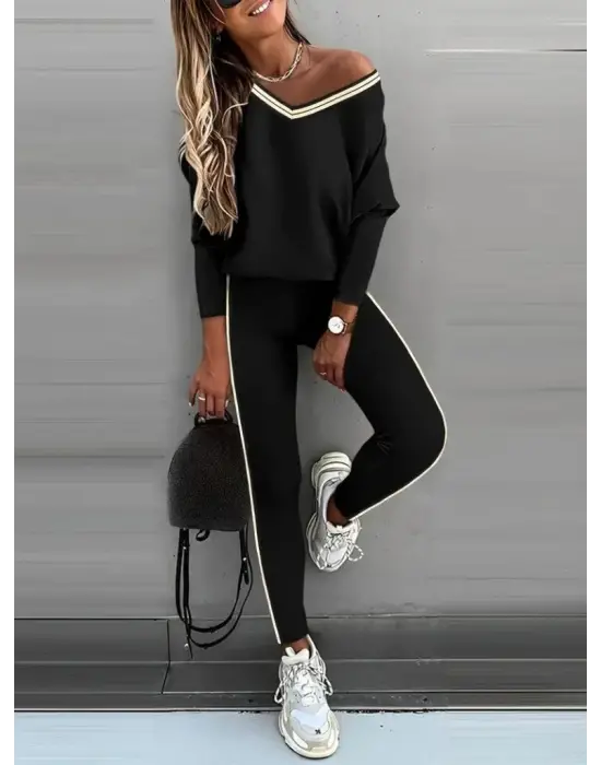 Kadın Uzun Kollu Tek Omuzu Açık Detaylı Viskon Iki Iplik Bluz Ve Pantolon Ikili Takım