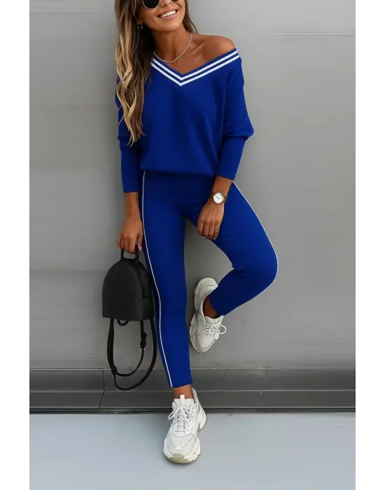 Kadın Uzun Kollu Tek Omuzu Açık Detaylı Viskon Iki Iplik Bluz Ve Pantolon Ikili Takım