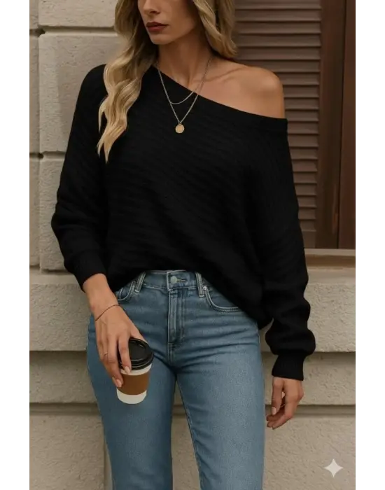 Kadın Uzun Kollu Tek Omuzu Açık Triko Bluz