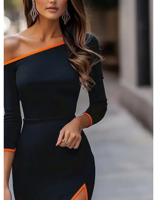 Modern Yandan Yırtmaçlı Midi Kaşkorse Elbise