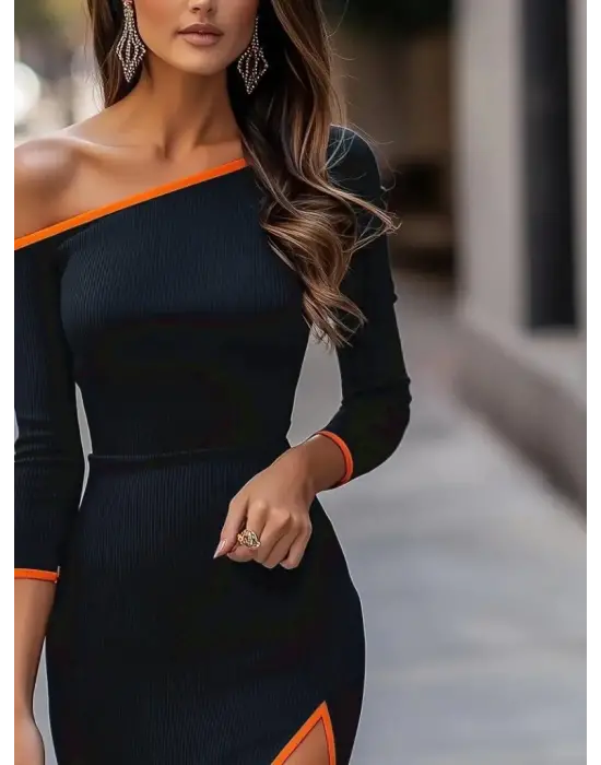 Kadın Uzun Kollu Tek Omuzu Açık Yandan Yırtmaçlı Midi Kaşkorse Elbise