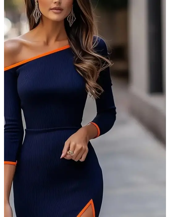 Kadın Uzun Kollu Tek Omuzu Açık Yandan Yırtmaçlı Midi Kaşkorse Elbise