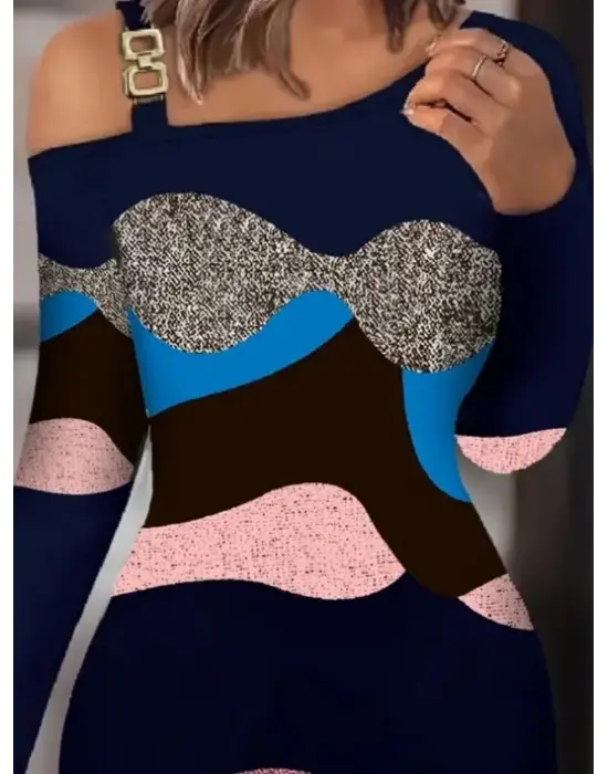 Kadın Uzun Kollu Tek Omuzu Askı Toka Detaylı Kısa Dalgıç Elbise