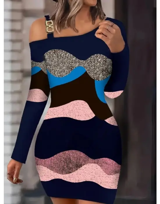 Kadın Uzun Kollu Tek Omuzu Askı Toka Detaylı Kısa Dalgıç Elbise