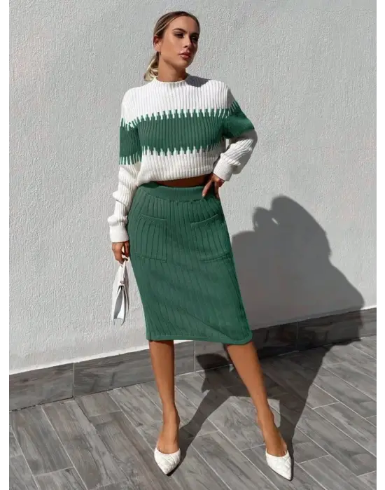 Kadın Uzun Kollu Triko Etekli Takım