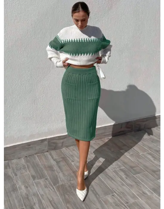 Kadın Uzun Kollu Triko Etekli Takım