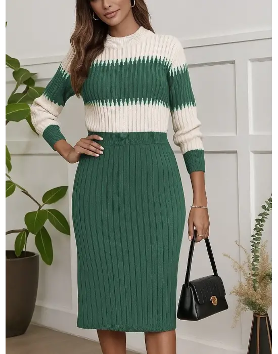 Kadın Uzun Kollu Triko Etekli Takım