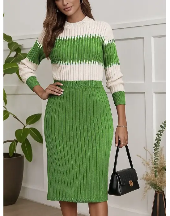 Kadın Uzun Kollu Triko Etekli Takım