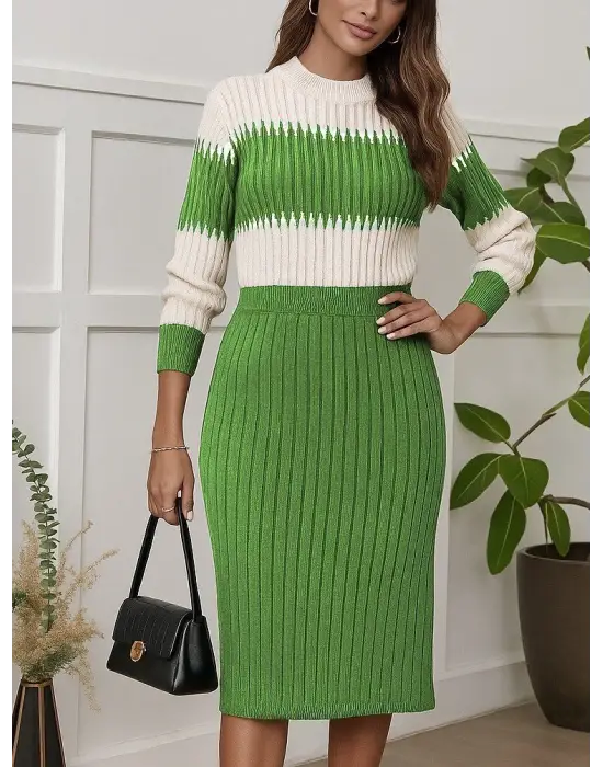 Kadın Uzun Kollu Triko Etekli Takım