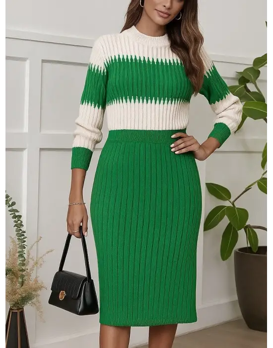 Kadın Uzun Kollu Triko Etekli Takım