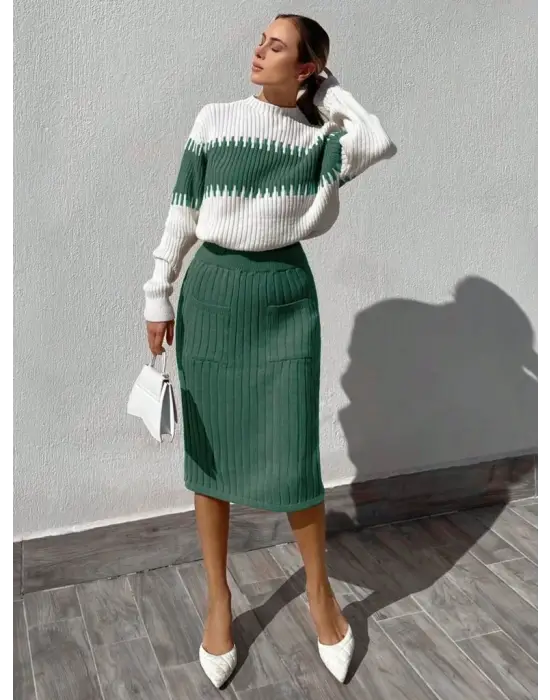 Kadın Uzun Kollu Triko Etekli Takım