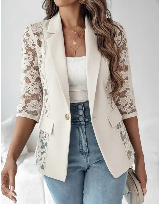 Kadın Uzun Kollu Truvakar Kol önden Düğmeli Cepli Dantelli Atlas Ceket