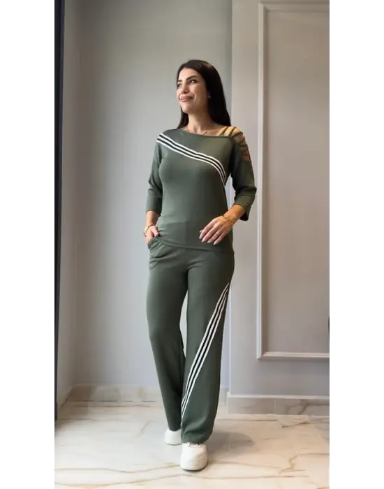 Kadın Uzun Kollu Truvakar Kol Tek Omuz çapraz şerit Detaylı Ribanalı Viskon Iki Iplik Bluz Ve Pantolon Ikili Takım