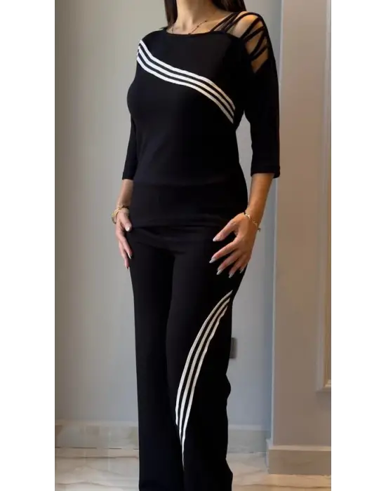 Kadın Uzun Kollu Truvakar Kol Tek Omuz çapraz şerit Detaylı Ribanalı Viskon Iki Iplik Bluz Ve Pantolon Ikili Takım