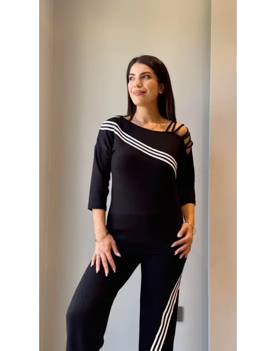 Kadın Uzun Kollu Truvakar Kol Tek Omuz çapraz şerit Detaylı Ribanalı Viskon Iki Iplik Bluz Ve Pantolon Ikili Takım