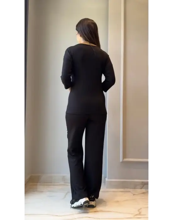 Kadın Uzun Kollu Truvakar Kol Tek Omuz çapraz şerit Detaylı Ribanalı Viskon Iki Iplik Bluz Ve Pantolon Ikili Takım