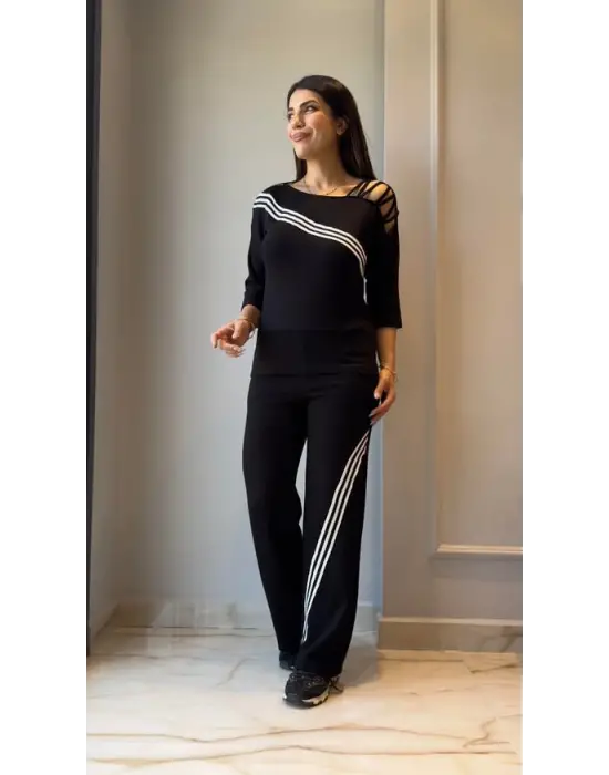 Kadın Uzun Kollu Truvakar Kol Tek Omuz çapraz şerit Detaylı Ribanalı Viskon Iki Iplik Bluz Ve Pantolon Ikili Takım
