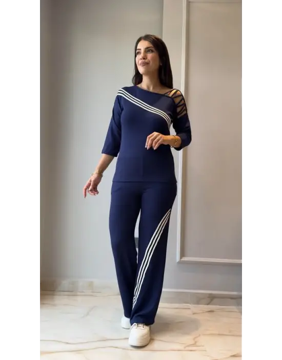 Kadın Uzun Kollu Truvakar Kol Tek Omuz çapraz şerit Detaylı Ribanalı Viskon Iki Iplik Bluz Ve Pantolon Ikili Takım