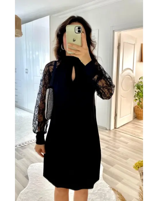 Kadın Uzun Kollu Tül Detay Sandy Mini Boy Elbise