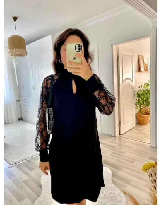 Kadın Uzun Kollu Tül Detay Sandy Mini Boy Elbise