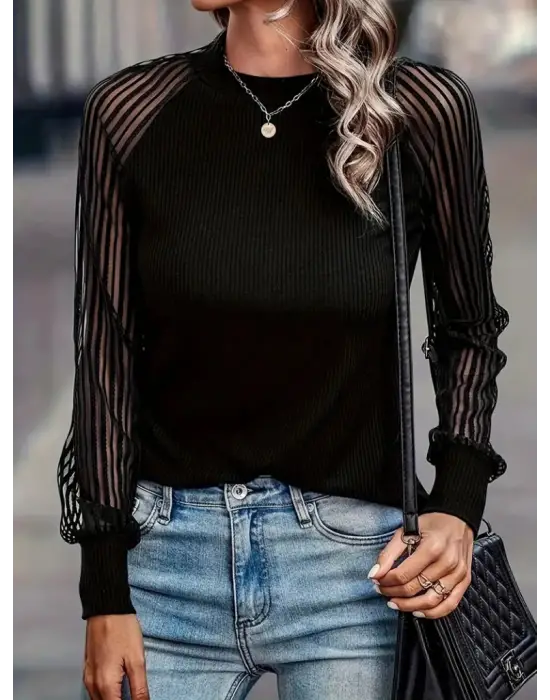 Kadın Uzun Kollu Tül Detaylı Bisiklet Yakalı Kaşkorse Bluz